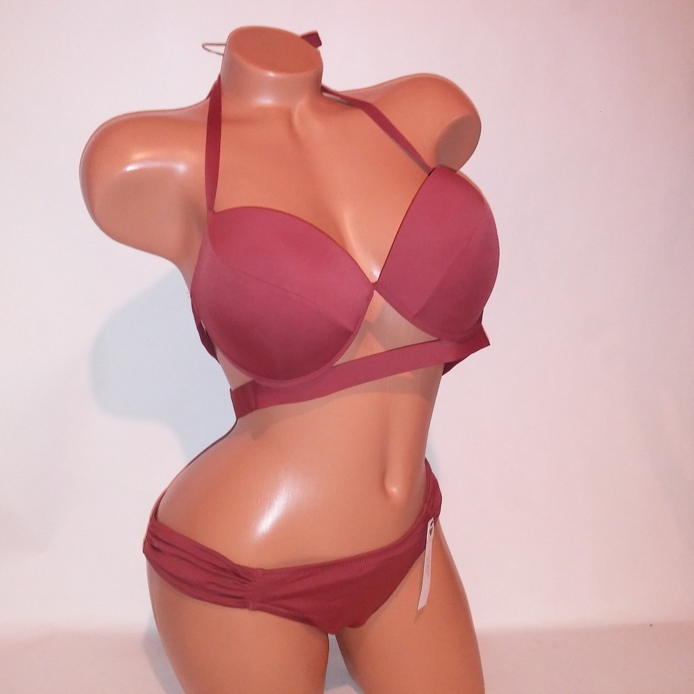 Victoria Secret Swim Bikini 38C Top Large Bottom Ginger Solid Halter Push Up New